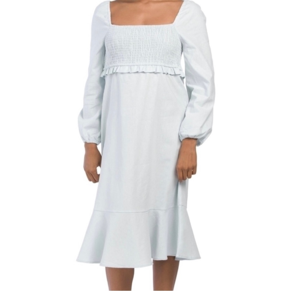 7 For All Mankind Linen Cotton Blend Light Blue Smocked Dress Size Small